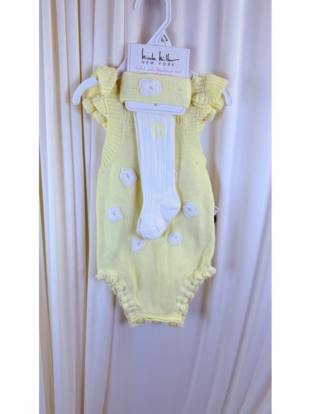 Nicole Miller Yellow W/ White Flowers Sweater Romper Socks & Headband NWT 6 Mo